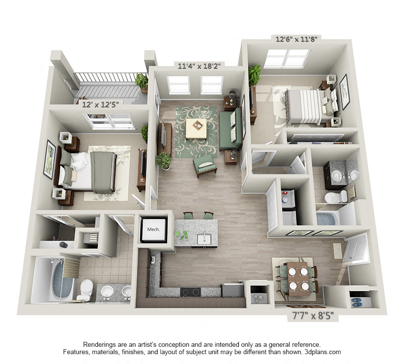Floor plan for 2 beds, 2 baths, 1088 sqft